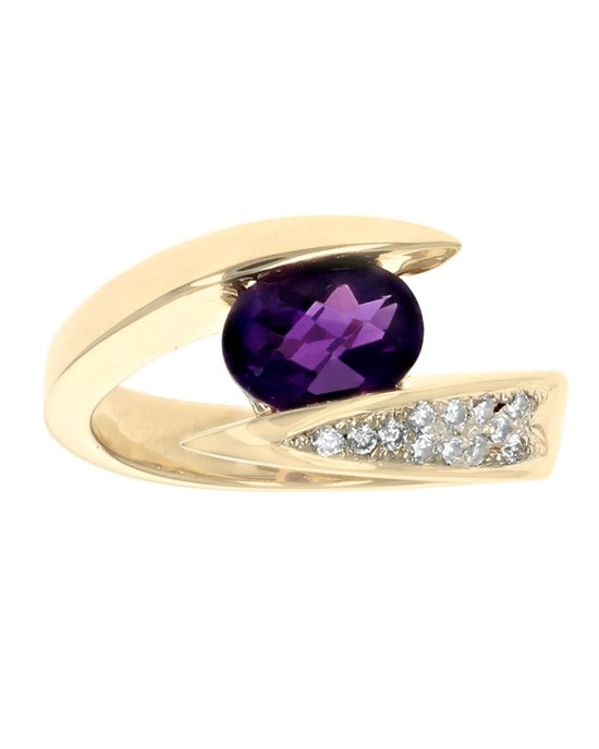 Checkerboard Cushion Amethyst and Diamond Pave Bypass Ring
