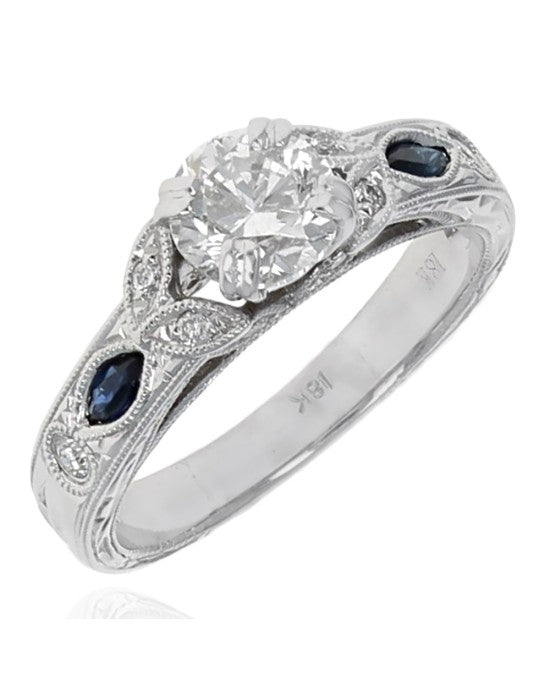 Diamond and Blue Sapphire Accent Engagement Ring in White Gold