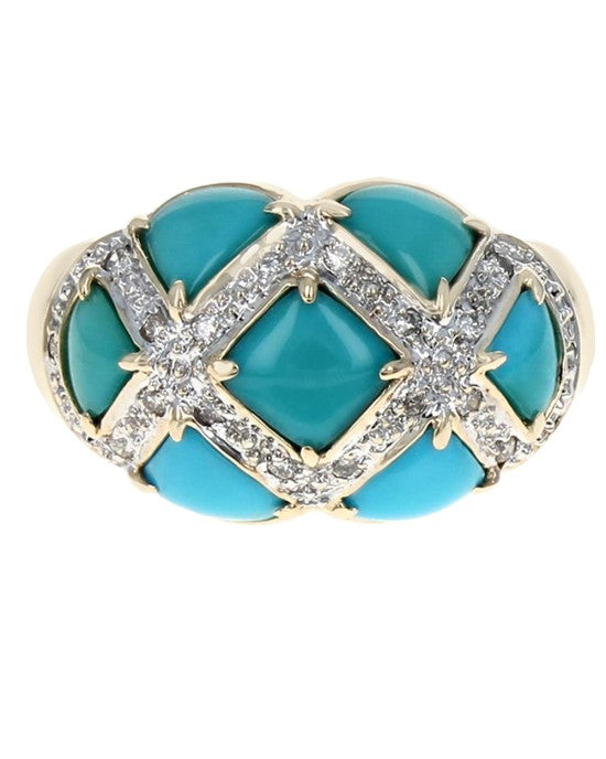 Turquoise Cabochon and Diamond Lattice Ring in White and Yellow Gold
