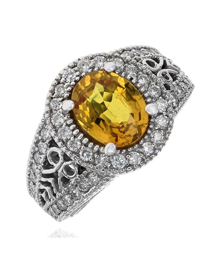 Yellow Sapphire and Diamond Halo Split Shank Ring