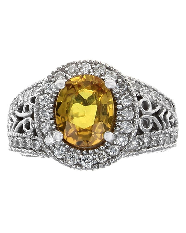 Yellow Sapphire and Diamond Halo Split Shank Ring