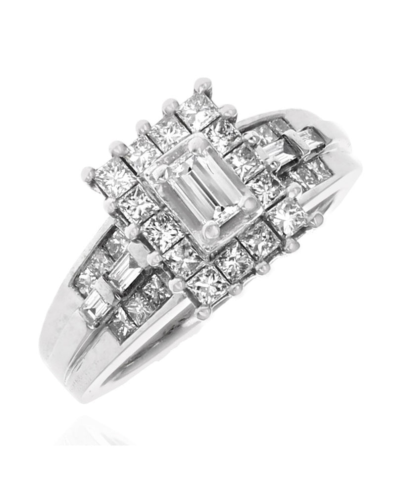 Mixed Cut Diamond Halo Engagement Ring in White Gold