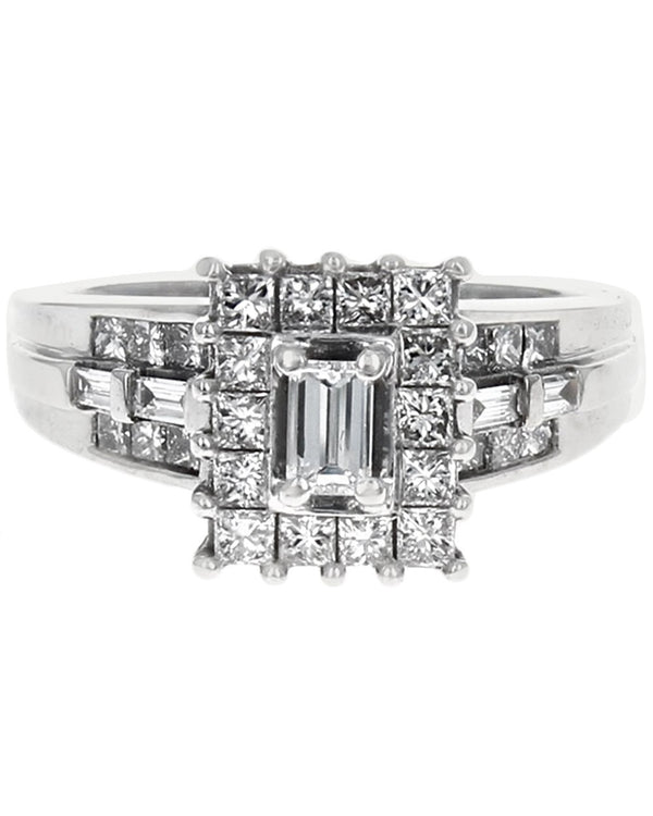 Mixed Cut Diamond Halo Engagement Ring in White Gold