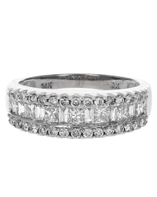 3 Row Mixed Cut Diamond Ring in White Gold