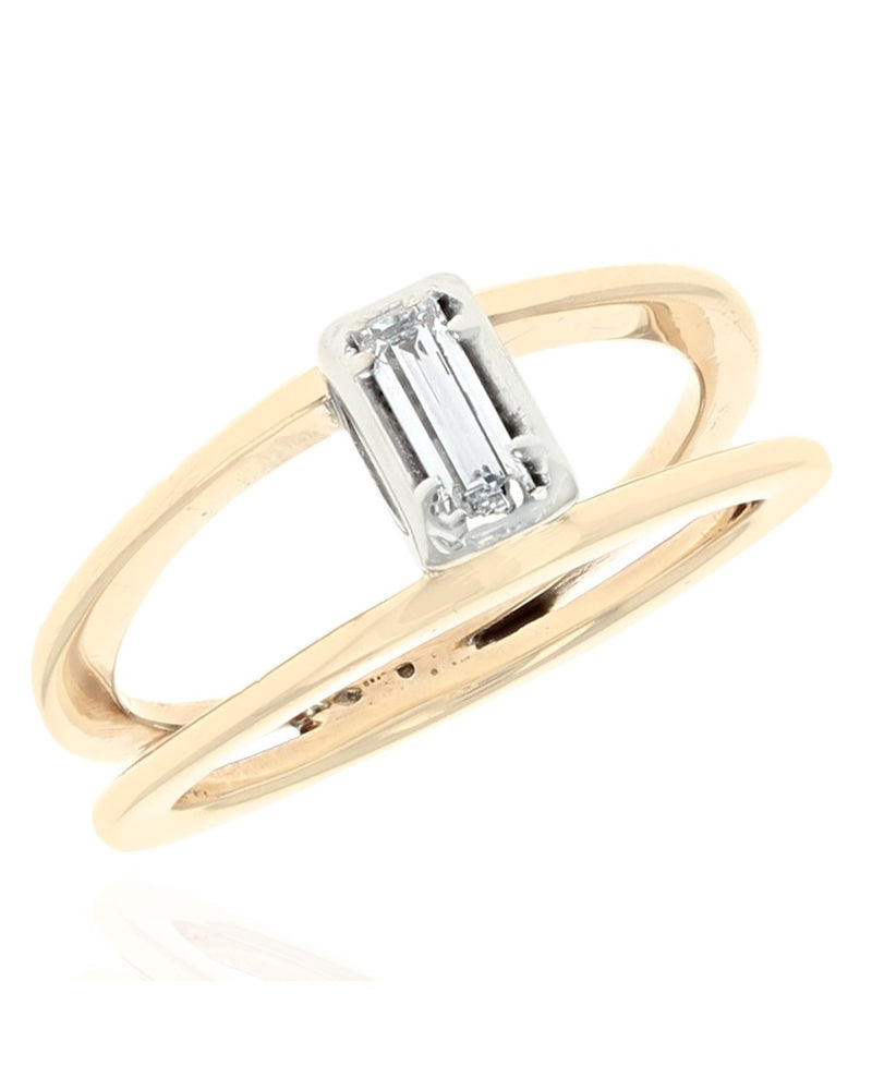 Diamond Open Double Band Solitaire Engagement Ring in White and Yellow Gold