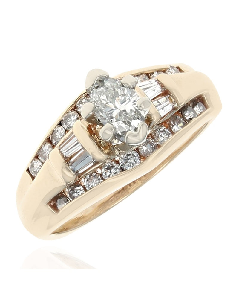 3 Row Mixed Cut Diamond Engagement Ring in White and Yellow Gold