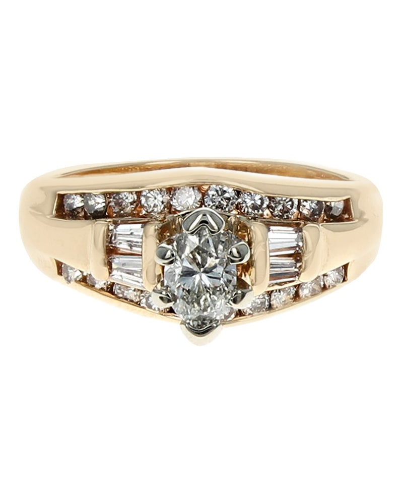 3 Row Mixed Cut Diamond Engagement Ring in White and Yellow Gold