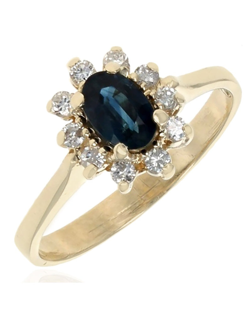 Blue Sapphire and Diamond Halo Ring in Yellow Gold