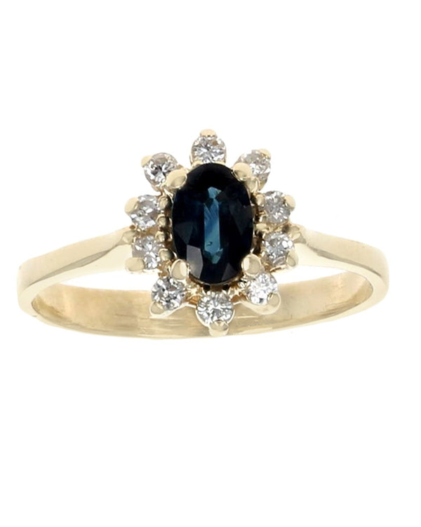 Blue Sapphire and Diamond Halo Ring in Yellow Gold