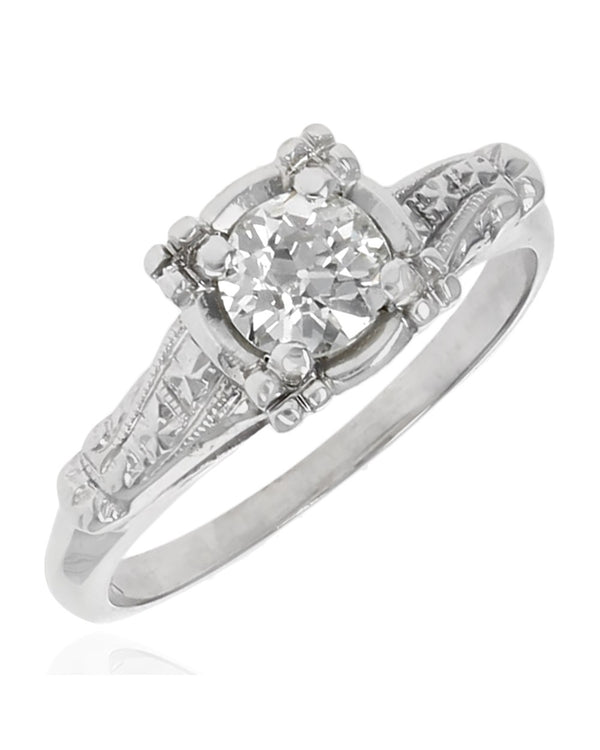 Vintage Diamond Solitaire Milgrain Engagement Ring in White Gold