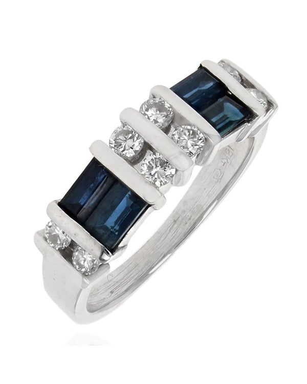 Blue Sapphire and Diamond Tapered Ring in White Gold