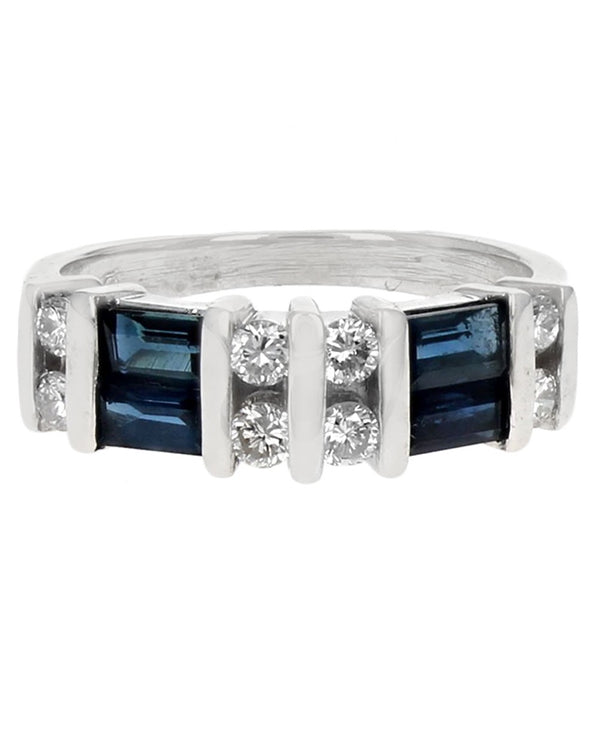 Blue Sapphire and Diamond Tapered Ring in White Gold
