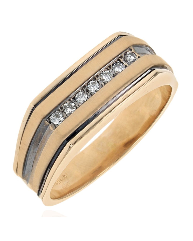 Gentlemen's Diamond Fluted Flat Top Ring in White and Yellow Gold