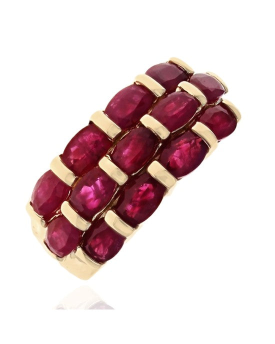 3 Row Ruby Tapered Ring in Yellow Gold