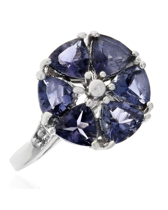 Iolite and Diamond Accent Flower Ring in White Gold