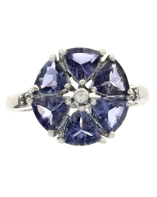 Iolite and Diamond Accent Flower Ring in White Gold