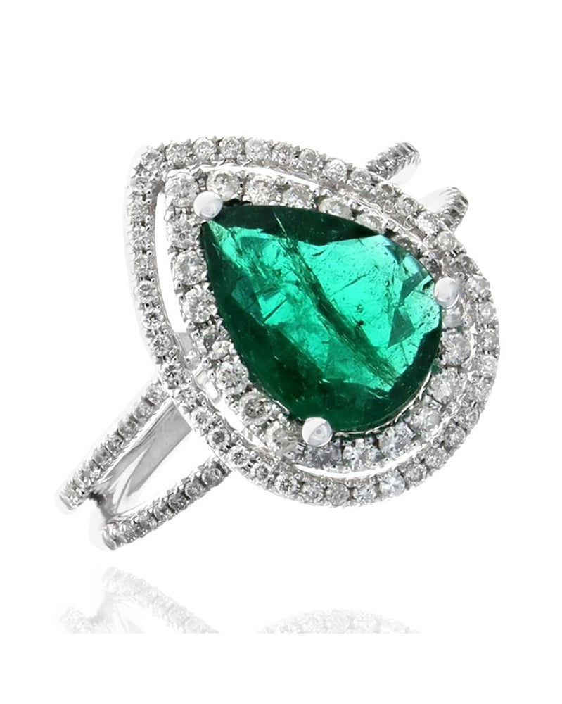 Pear Shaped Emerald and Diamond Double Halo Ring