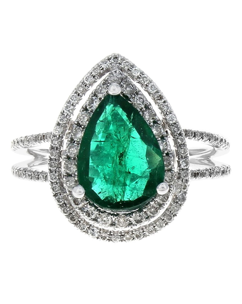 Pear Shaped Emerald and Diamond Double Halo Ring