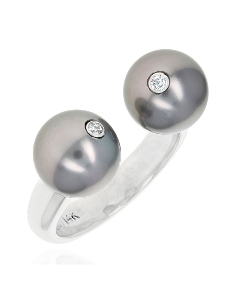 Gauthier Black Tahitian Pearl and Diamond Accent Open Ring in White Gold