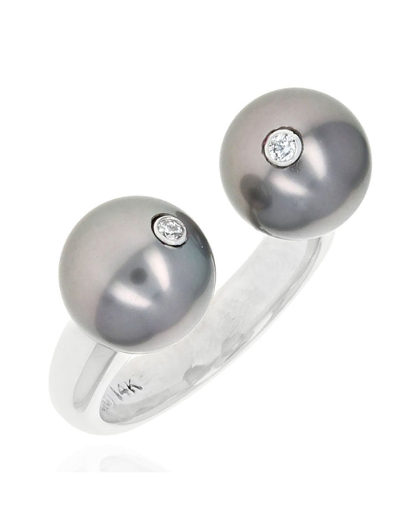 Gauthier Black Tahitian Pearl and Diamond Accent Open Ring in White Gold