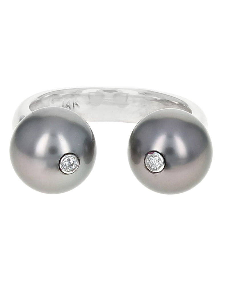 Gauthier Black Tahitian Pearl and Diamond Accent Open Ring in White Gold