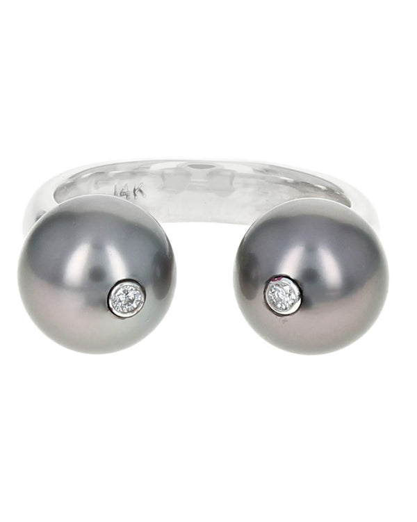 Gauthier Black Tahitian Pearl and Diamond Accent Open Ring in White Gold