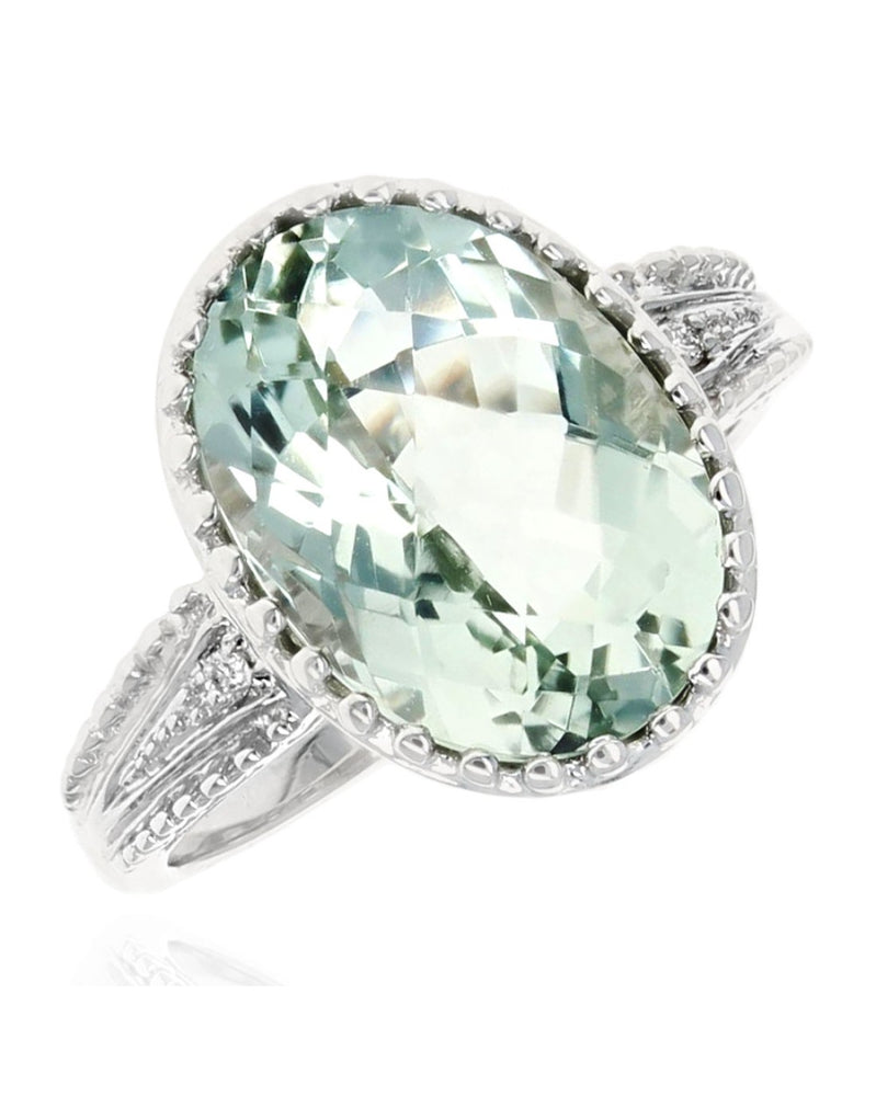 Prasiolite and Diamond Milgrain Accent Ring in White Gold
