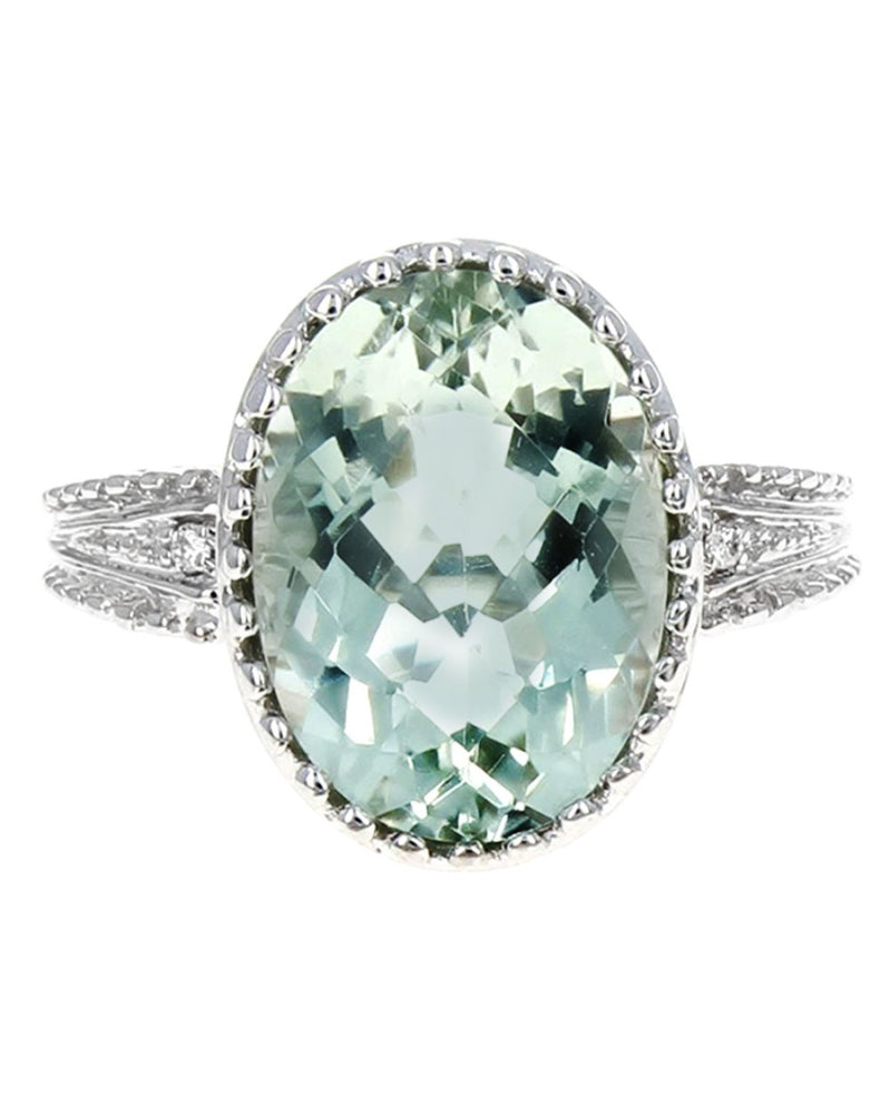 Prasiolite and Diamond Milgrain Accent Ring in White Gold
