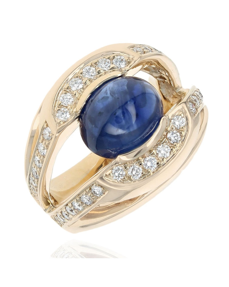 Gentlemans Blue Star Sapphire and Diamond Split Shank Ring