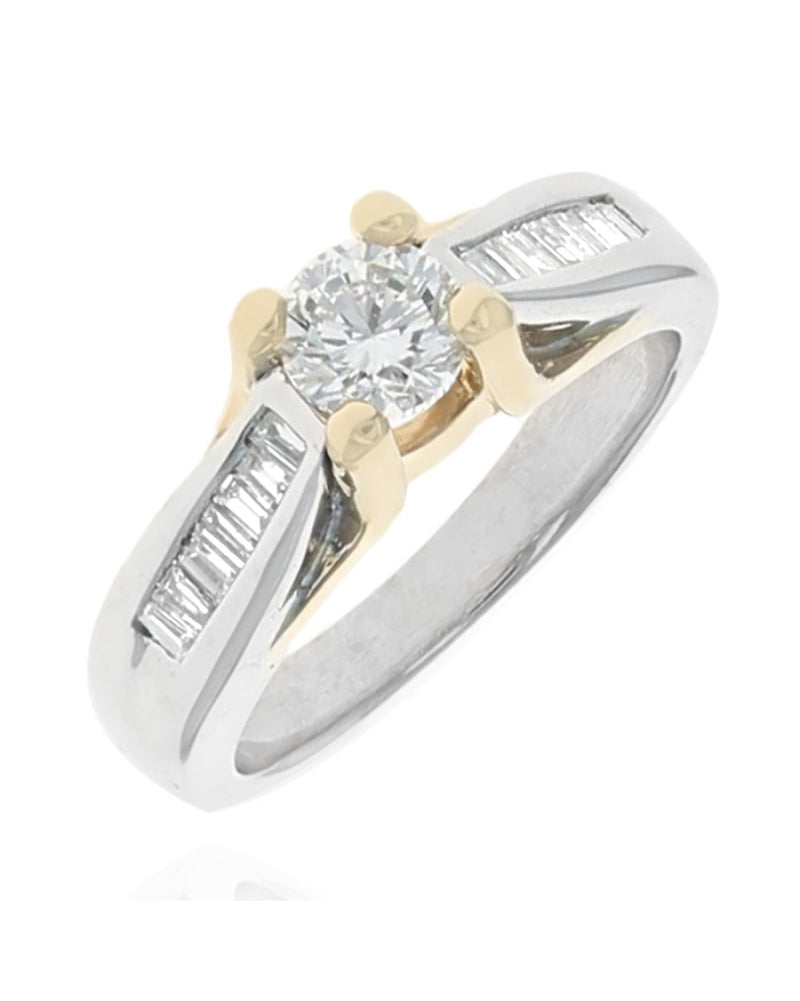 Round and Baguette Diamond Engagement Ring in White and Yellow Gold