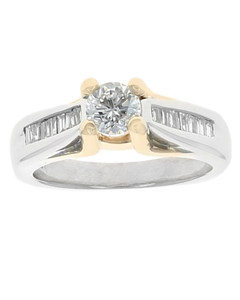 Round and Baguette Diamond Engagement Ring in White and Yellow Gold