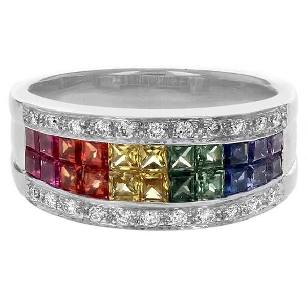 Ruby, Multi Colored Sapphire and Diamond Tapered Band