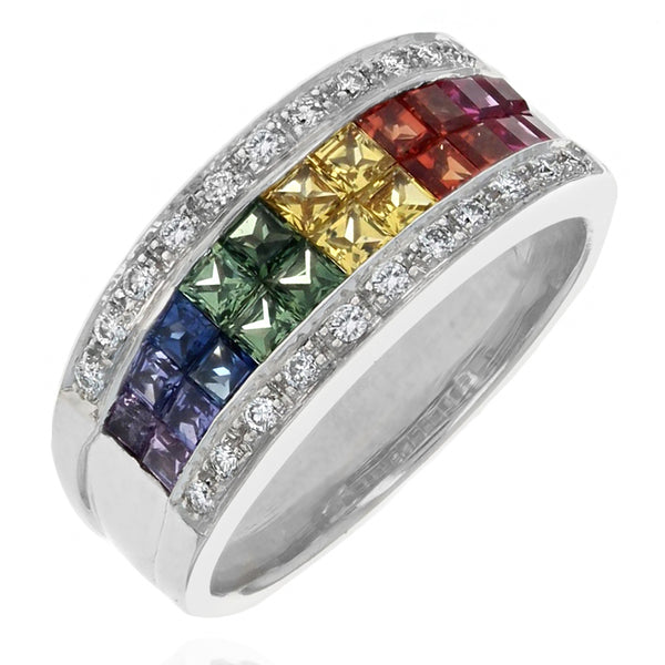 Ruby, Multi Colored Sapphire and Diamond Tapered Band