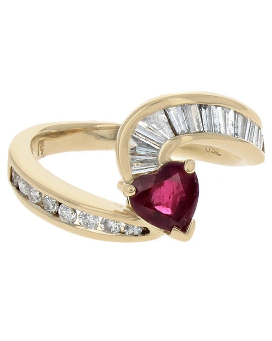 Heart Shaped Ruby and Diamond Swirl Ring