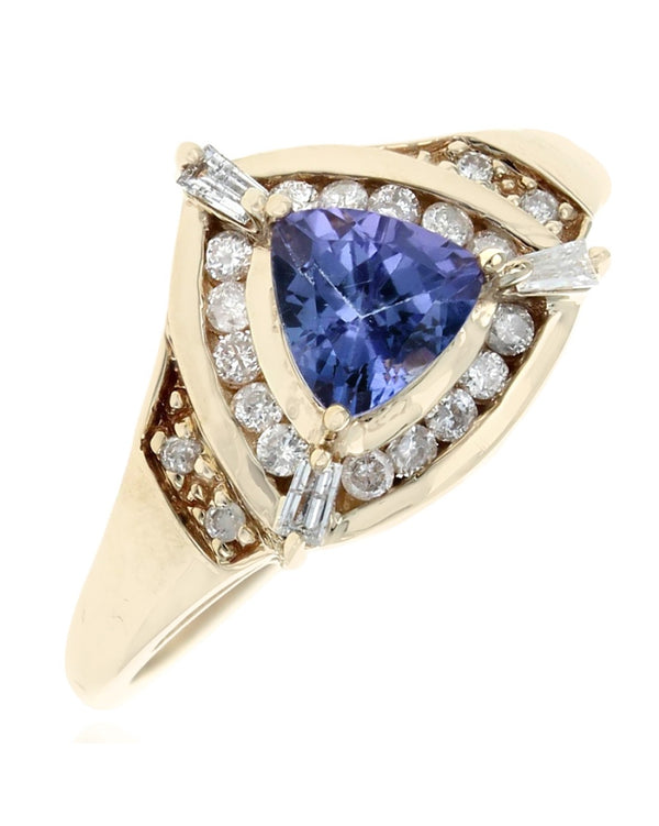 Tanzanite and Diamond Halo Ring in Yellow Gold