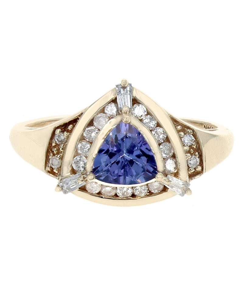 Tanzanite and Diamond Halo Ring in Yellow Gold