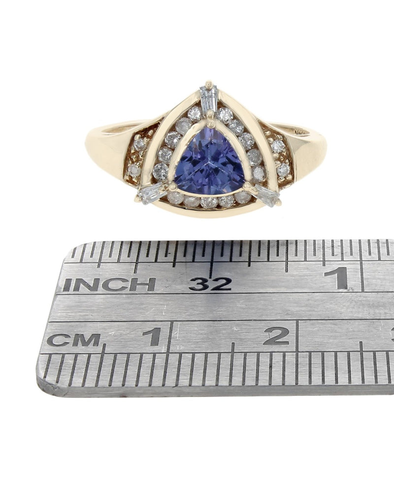 Tanzanite and Diamond Halo Ring in Yellow Gold