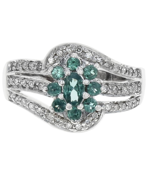 Green Chrysoberyl and Diamond Flower Open Cut Bypass Ring in White Gold