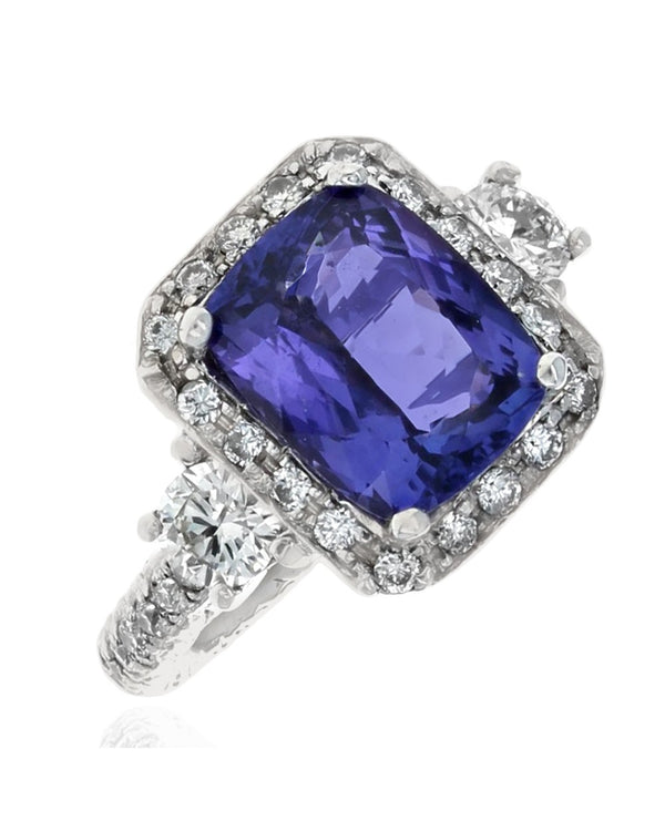 Tanzanite and Diamond Halo Ring in White Gold