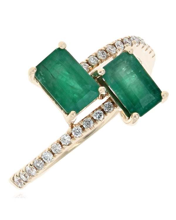 Emerald and Diamond Bypass Ring in Yellow Gold