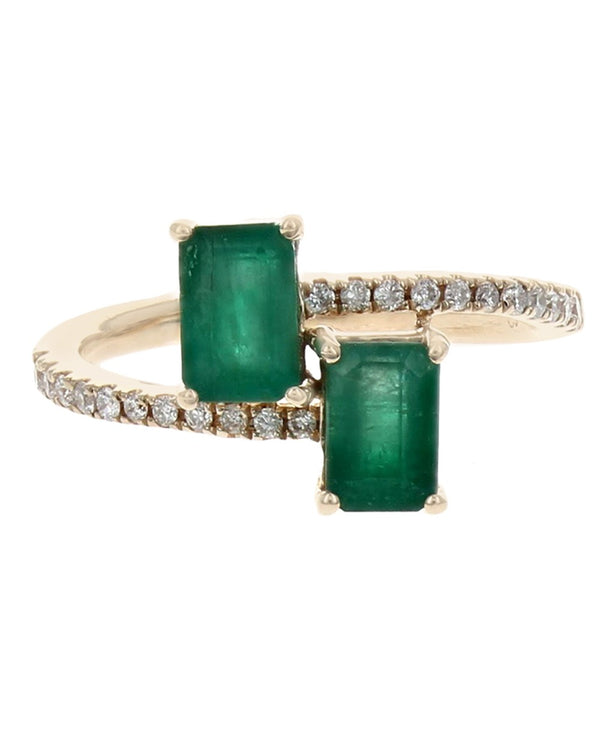 Emerald and Diamond Bypass Ring in Yellow Gold