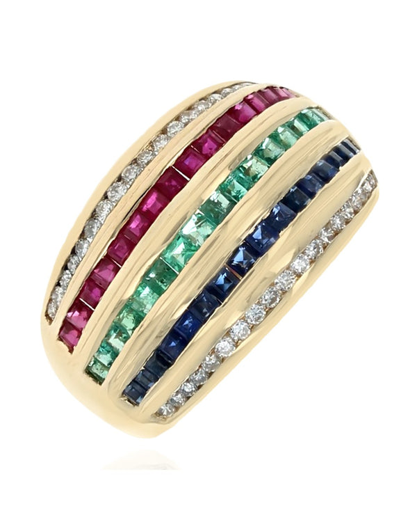 5 Row Sapphire, Emerald, Ruby, and Diamond Tapered Ring in Yellow Gold