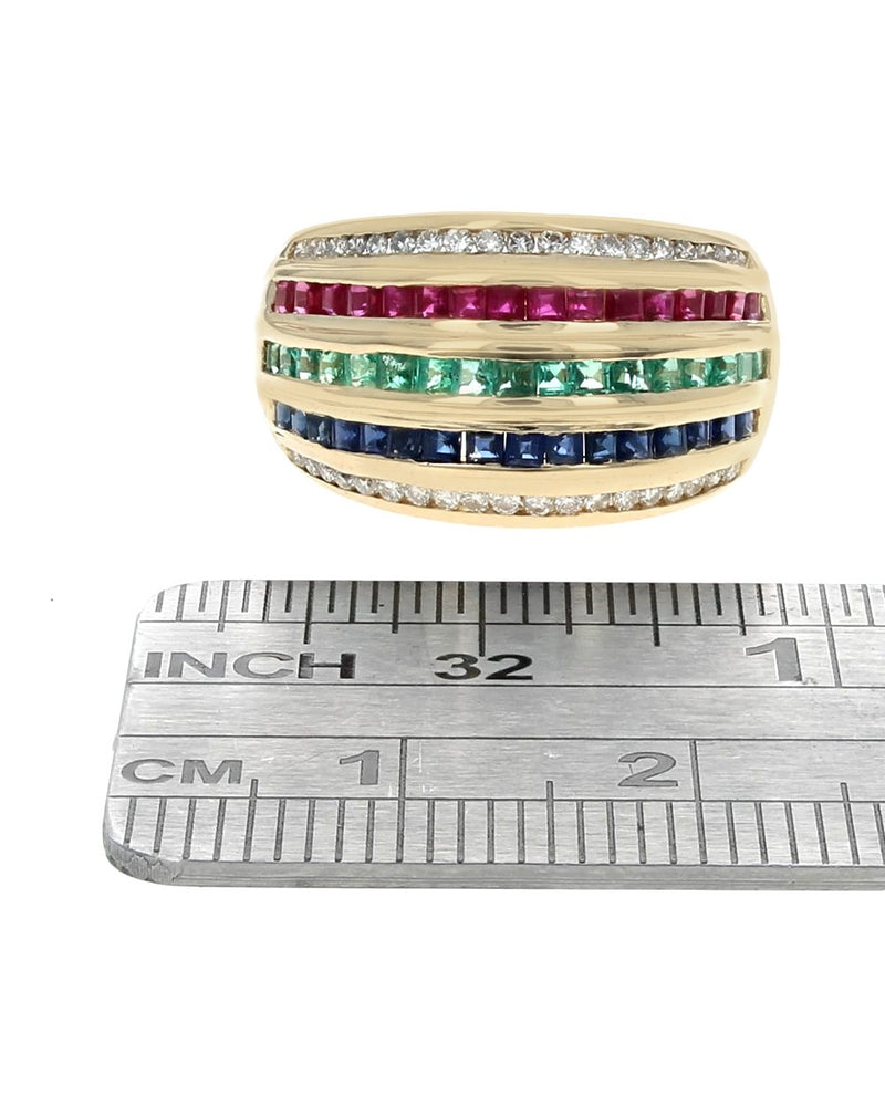 5 Row Sapphire, Emerald, Ruby, and Diamond Tapered Ring in Yellow Gold