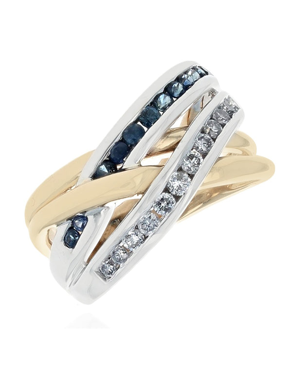 Blue Sapphire and Diamond Open Crossover Ring in White and Yellow Gold