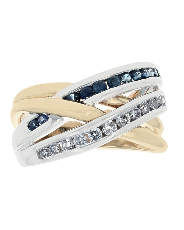 Blue Sapphire and Diamond Open Crossover Ring in White and Yellow Gold