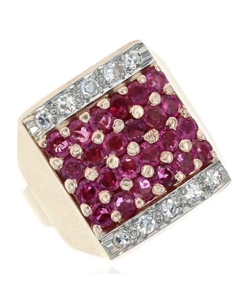 6 Row Ruby and Diamond Square Top Ring in Yellow Gold