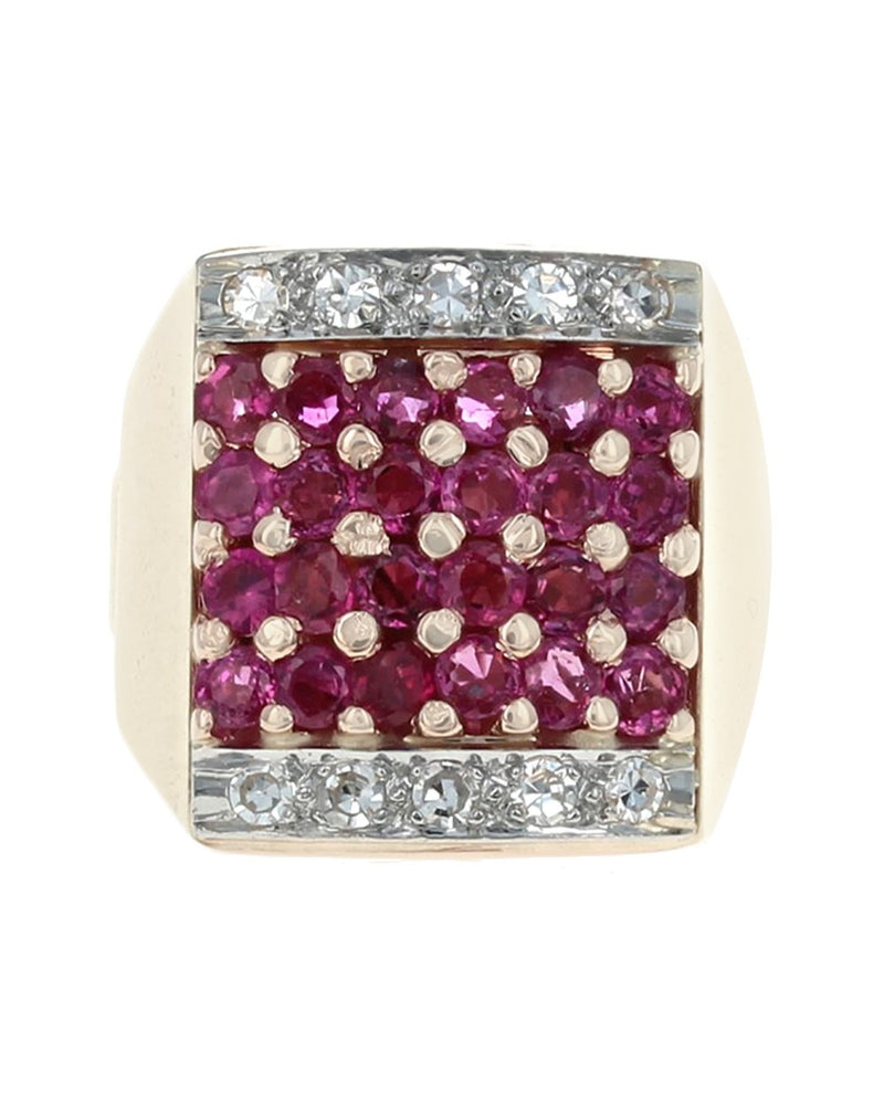 6 Row Ruby and Diamond Square Top Ring in Yellow Gold