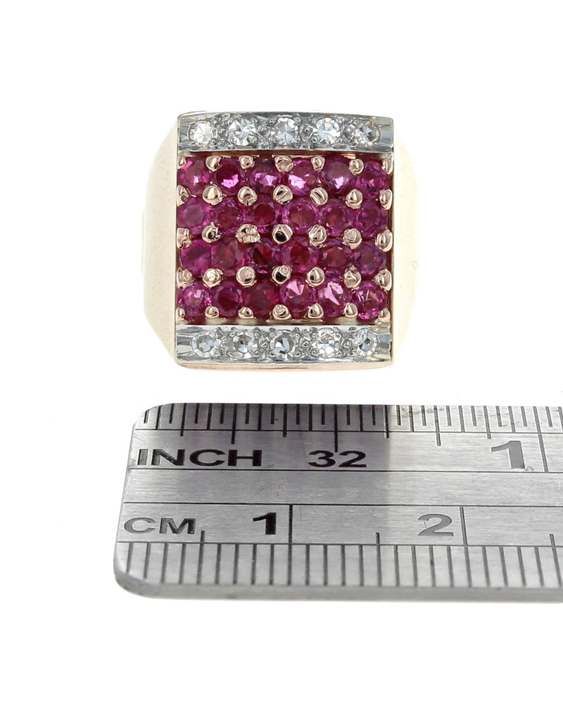 6 Row Ruby and Diamond Square Top Ring in Yellow Gold