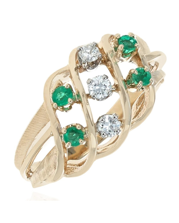 Emerald and Diamond Open Split Shank Ring in Yellow Gold