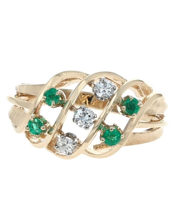 Emerald and Diamond Open Split Shank Ring in Yellow Gold